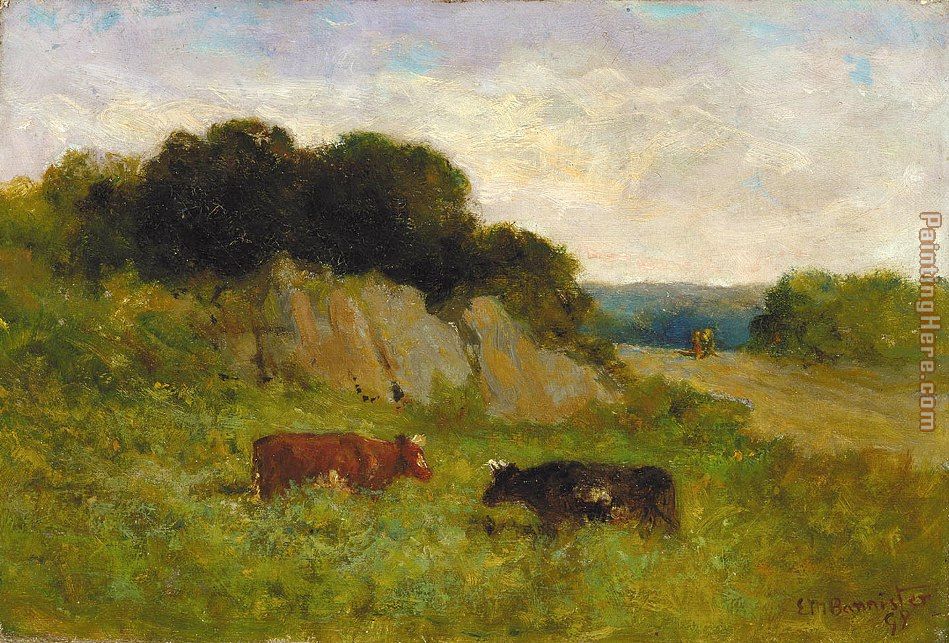 landscape with two cows painting - Edward Mitchell Bannister landscape with two cows art painting